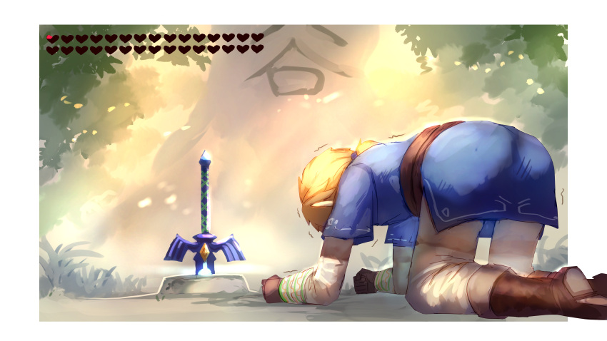 1boy absurdres all_fours blonde_hair boots despair health_bar heart highres link master_sword pants planted_weapon pointy_ears shiburingaru the_legend_of_zelda the_legend_of_zelda:_breath_of_the_wild weapon