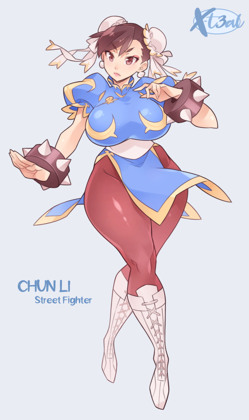 1girl absurdres bracelet brown_eyes brown_hair bun_cover chinese_clothes chun-li double_bun full_body highres jewelry pantyhose pelvic_curtain pose puffy_short_sleeves puffy_sleeves serious short_sleeves solo spiked_bracelet spikes street_fighter wide_hips x-teal2
