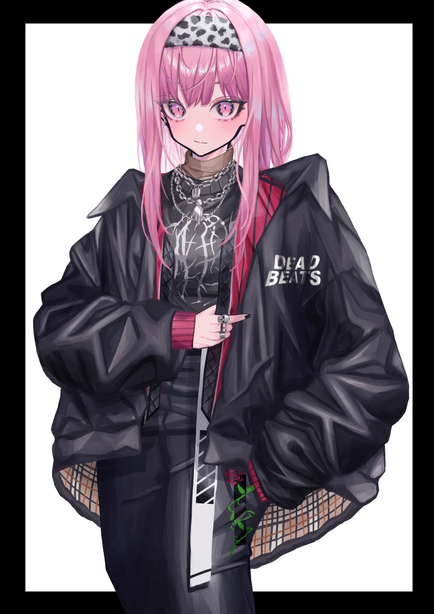 1girl absurdres alternate_costume animal_print black_clothes black_nails chain chain_necklace eyelashes hand_in_pocket headband highres hololive hololive_english jacket jewelry kmgrru long_hair long_sleeves mori_calliope nail necklace pink_eyes pink_hair ring skull_ring solo straight_hair sweater tagme turtleneck turtleneck_sweater