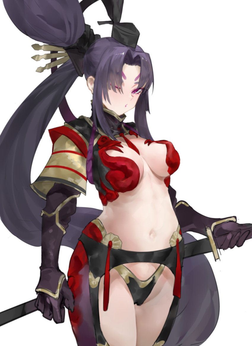 1girl absurdres arm_guards armor bangs black_gloves black_hair black_panties blush breasts elbow_gloves fate/grand_order fate_(series) gloves highres japanese_armor katana large_breasts liuli_yuanxiaoniao long_hair looking_at_viewer navel one_eye_closed panties parted_bangs revealing_clothes side_bun side_ponytail sidelocks sword underwear ushiwakamaru_(avenger)_(fate) ushiwakamaru_(fate) very_long_hair violet_eyes weapon