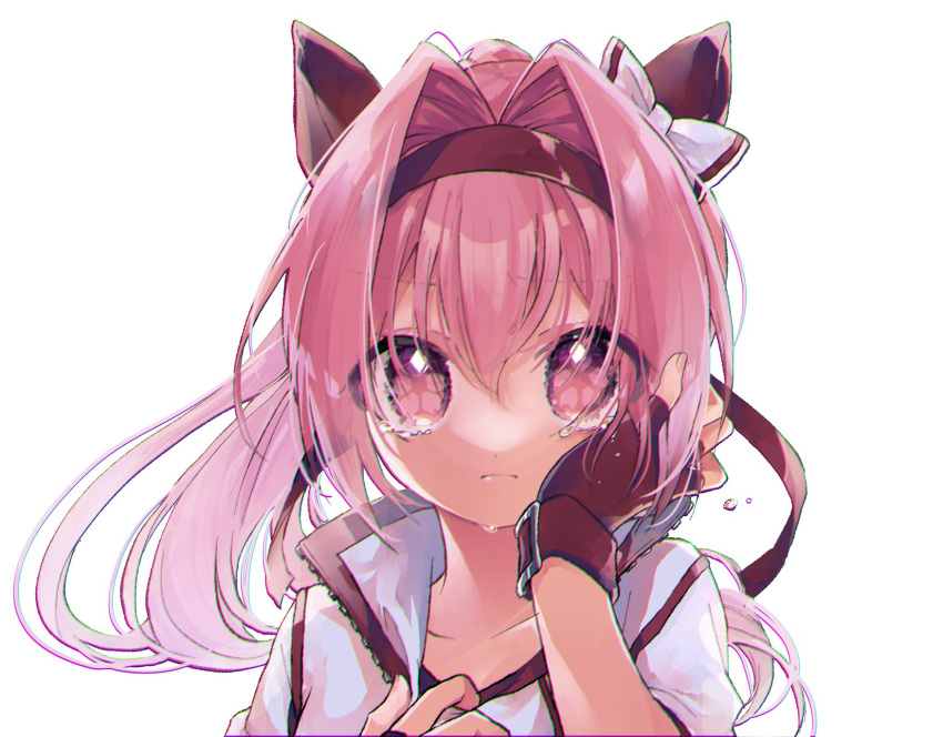 1girl animal_ears artist_request bow face fingerless_gloves gloves gym_uniform hair_bow hair_intakes hand_on_own_face haru_urara_(umamusume) headband highres horse_ears horse_girl jacket long_hair looking_at_viewer pink_eyes pink_hair ponytail red_gloves ribbon shirt simple_background solo symbol-shaped_pupils tears track_jacket umamusume upper_body white_background white_jacket white_shirt