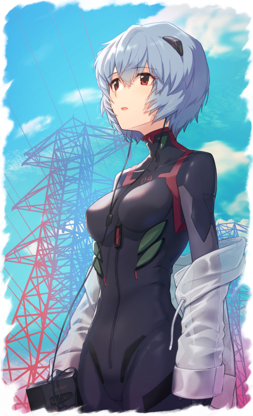ayanami_rei black_bodysuit blue_hair blue_sky bodysuit breasts clouds collarbone cowboy_shot day drawstring earphones hair_ornament highres holding long_sleeves looking_afar looking_away makamati medium_breasts neon_genesis_evangelion number open_clothes open_mouth outdoors plugsuit power_lines red_eyes see-through short_hair skin_tight sky sony transmission_tower