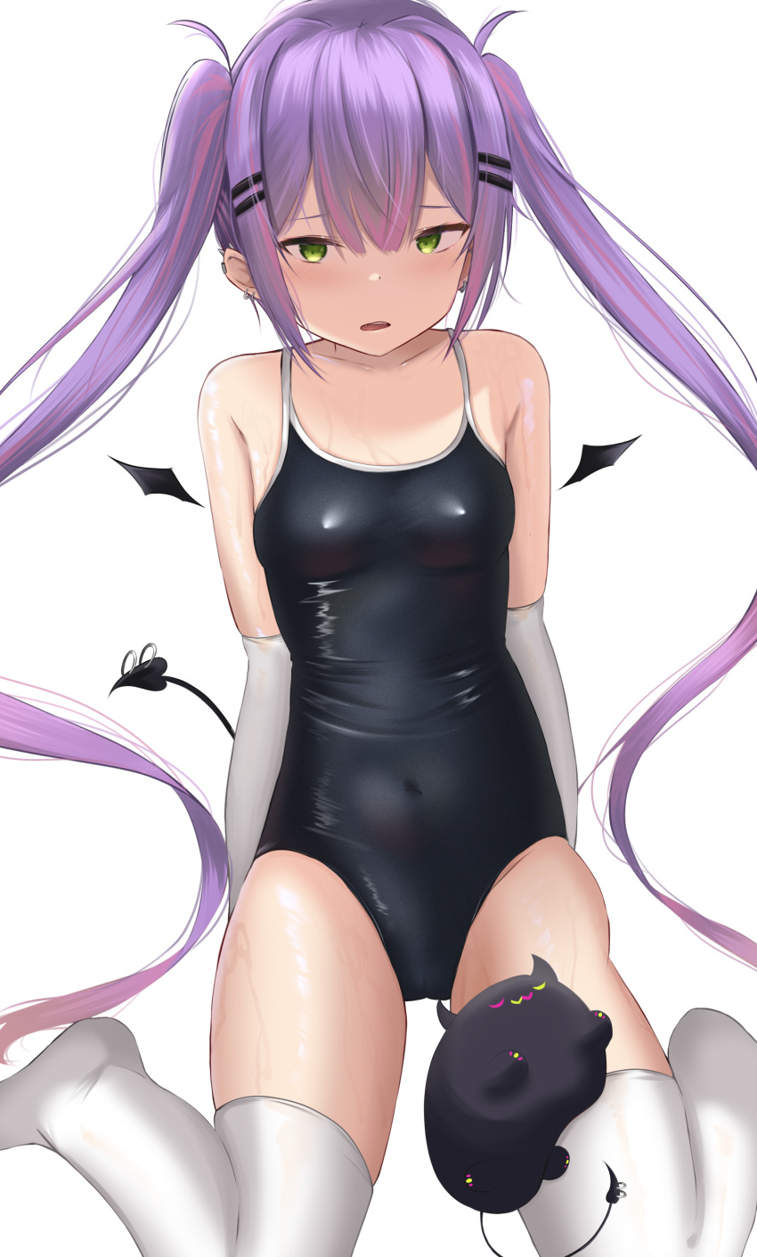 1girl absurdres bare_shoulders bibi_(tokoyami_towa) black_swimsuit breasts covered_navel demon_tail doyachii elbow_gloves gloves green_eyes highres hololive long_hair looking_at_viewer mini_wings no_shoes one-piece_swimsuit purple_hair simple_background sitting small_breasts solo spaghetti_strap swimsuit tail thigh-highs thighs tokoyami_towa twintails very_long_hair virtual_youtuber wariza white_background white_gloves white_legwear
