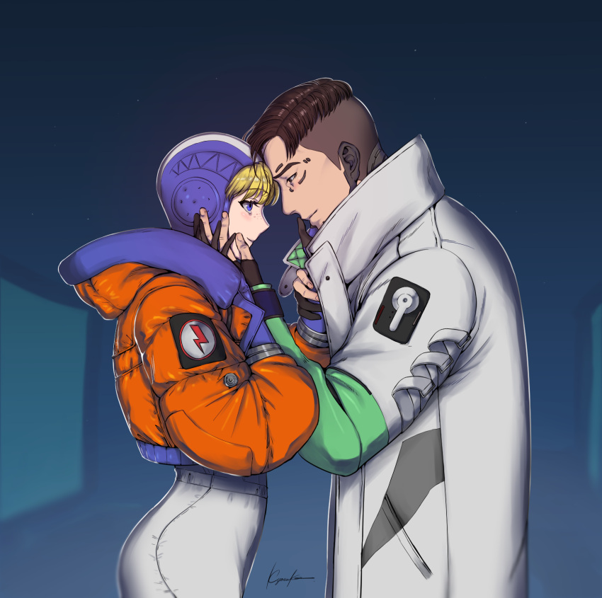 1boy 1girl apex_legends bailian black_eyes black_gloves black_hair blonde_hair blue_eyes blue_gloves blue_headwear bodysuit crypto_(apex_legends) from_side gloves green_sleeves hand_on_another's_face hetero highres hood hooded_jacket jacket looking_at_another looking_down looking_up orange_jacket partially_fingerless_gloves signature wattson_(apex_legends) white_bodysuit white_jacket