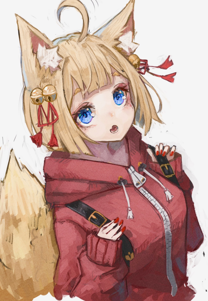 1girl :o ahoge animal_ear_fluff animal_ears bangs bell blue_eyes breasts commentary_request cropped_torso eyebrows_visible_through_hair fang fox_ears fox_girl fox_tail grey_background hair_bell hair_ornament hands_up highres holding_strap hood hood_down hooded_jacket jacket jingle_bell light_brown_hair long_sleeves looking_at_viewer medium_breasts nail_polish nyucha open_mouth original puffy_long_sleeves puffy_sleeves red_jacket red_nails short_eyebrows simple_background sleeves_past_wrists solo tail tail_raised thick_eyebrows