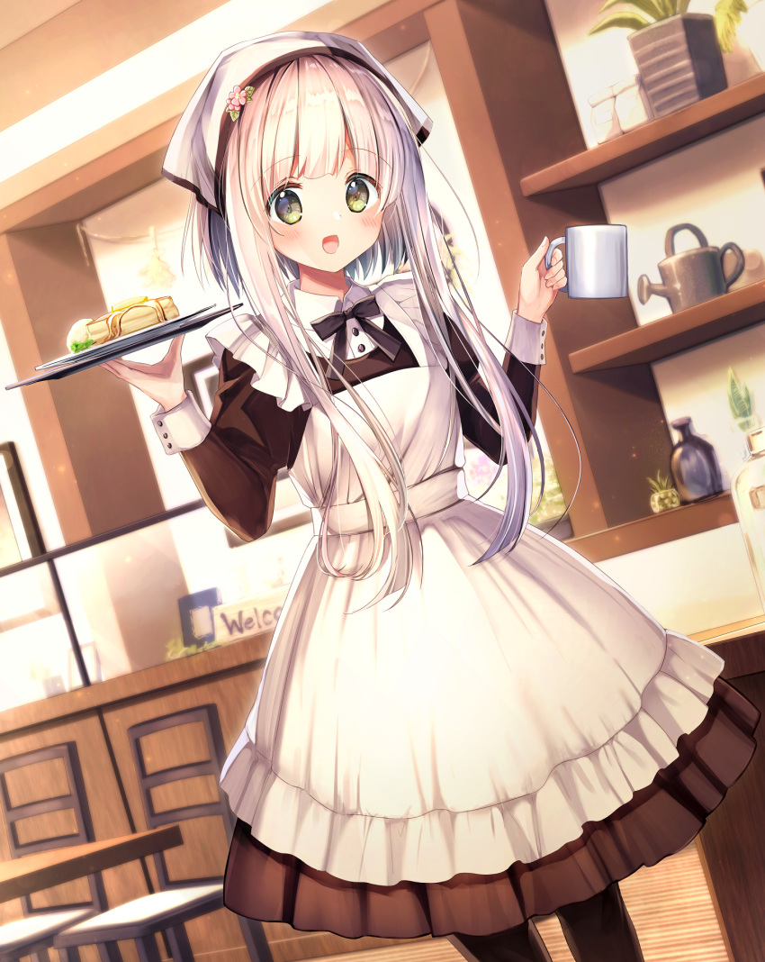 1girl :d apron bangs black_bow black_legwear blush bow brown_dress brown_eyes chair collared_shirt commentary_request cup dress eyebrows_visible_through_hair feet_out_of_frame flower food frilled_apron frills hair_flower hair_ornament head_scarf highres holding holding_cup holding_tray indoors juliet_sleeves long_sleeves looking_at_viewer maid_apron mug open_mouth original pancake pantyhose pink_flower plate puffy_sleeves shirt smile solo stack_of_pancakes standing table tray waitress watering_can white_apron white_hair white_shirt yomogi_komegura