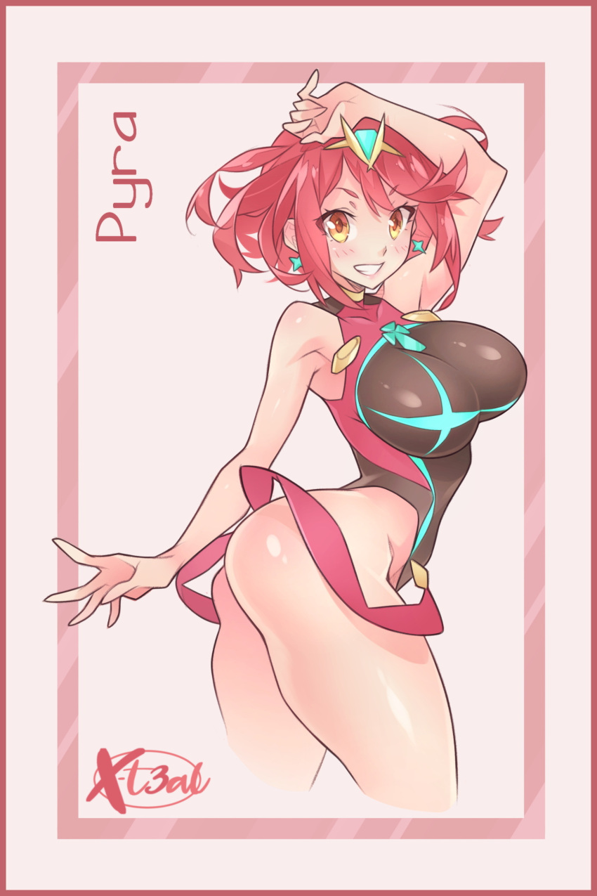 1girl absurdres arm_up armpits breasts character_name cropped_legs earrings highleg highleg_swimsuit highres jewelry large_breasts looking_at_viewer one-piece_swimsuit pyra_(pro_swimmer)_(xenoblade) pyra_(xenoblade) redhead short_hair smile solo swimsuit tiara x-teal2 xenoblade_chronicles_(series) xenoblade_chronicles_2 yellow_eyes