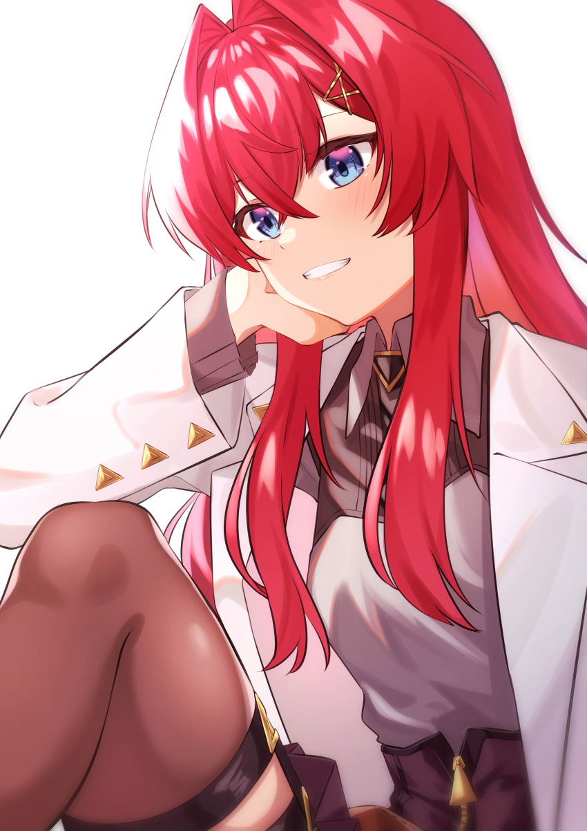 1girl absurdres ange_katrina blue_eyes blush breasts commentary_request hair_between_eyes hair_ornament hairclip highres long_hair long_sleeves nijisanji parted_lips redhead simple_background skirt smile solo teeth viet_(yomi0556) virtual_youtuber white_background