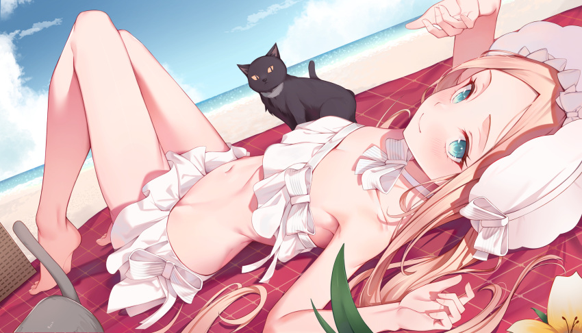 1girl abigail_williams_(fate) abigail_williams_(swimsuit_foreigner)_(fate) bangs bare_shoulders bikini blonde_hair blue_eyes bonnet bow braid breasts commentary_request fate/grand_order fate_(series) forehead hair_bow hair_rings highres long_hair miniskirt navel parted_bangs sidelocks skirt small_breasts swimsuit twin_braids twintails very_long_hair white_bikini white_bow white_headwear yukiyama_momo