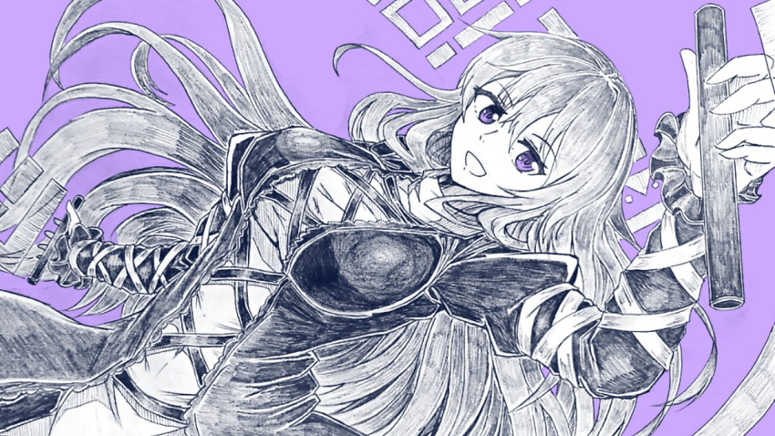1girl :d bangs breasts cross-laced_clothes dress dutch_angle eyebrows_visible_through_hair greyscale gurajio hair_between_eyes hijiri_byakuren holding holding_scroll large_breasts layered_dress long_hair long_sleeves looking_at_viewer monochrome open_mouth purple_background scroll simple_background smile solo sorcerer's_sutra_scroll touhou violet_eyes