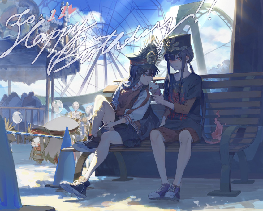 1boy 1girl amusement_park bench black_hair black_shirt black_skirt blue_sky boots brother_and_sister carousel day eating fate/grand_order fate_(series) ferris_wheel fiery_hair food hat highres ice_cream long_hair micaoz military_hat miniskirt oda_nobukatsu_(fate) oda_nobunaga_(fate)_(all) outdoors park_bench peaked_cap red_eyes red_shorts shirt shoes shorts siblings sitting skirt sky sneakers t-shirt tying_shoes