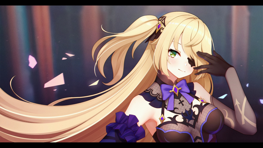 1girl bangs bare_shoulders black_gloves blonde_hair bow bowtie breasts brooch eyepatch fischl_(genshin_impact) genshin_impact gloves green_eyes hand_up highres jewelry kaleid letterboxed long_hair looking_at_viewer medium_breasts one_side_up purple_bow purple_neckwear smile solo upper_body very_long_hair