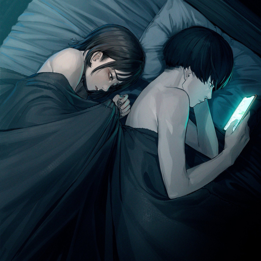 1boy 1girl bangs bare_shoulders bed black_hair blanket blue_eyes cellphone commentary_request daikon_(tomohiro158) from_above highres holding holding_phone looking_at_phone looking_down lying nail_polish nude on_side original phone pillow short_hair smartphone