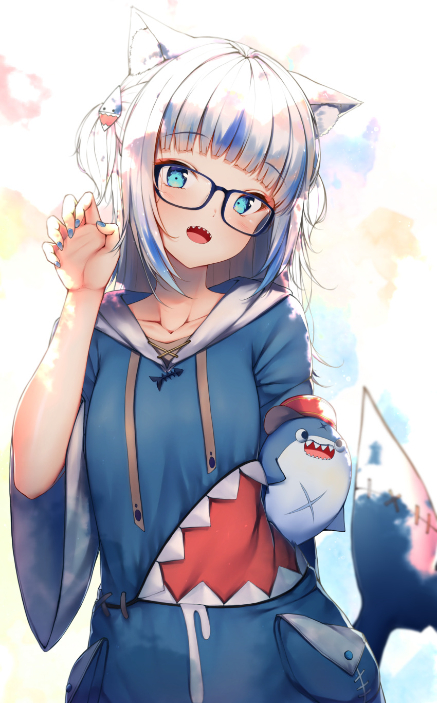 1girl :d absurdres animal_ear_fluff animal_ears bangs bespectacled black-framed_eyewear bloop_(gawr_gura) blue_eyes blue_hair blue_hoodie blunt_bangs blush breasts cat_ears claw_pose collarbone contrapposto cowboy_shot eyebrows_visible_through_hair fish_tail gawr_gura glasses hair_ornament highres hololive hololive_english hood hood_down hoodie ijac_ray kemonomimi_mode long_hair long_sleeves looking_at_viewer multicolored_hair nail_polish open_mouth shark_tail sharp_teeth silver_hair small_breasts smile streaked_hair tail teeth virtual_youtuber wide_sleeves
