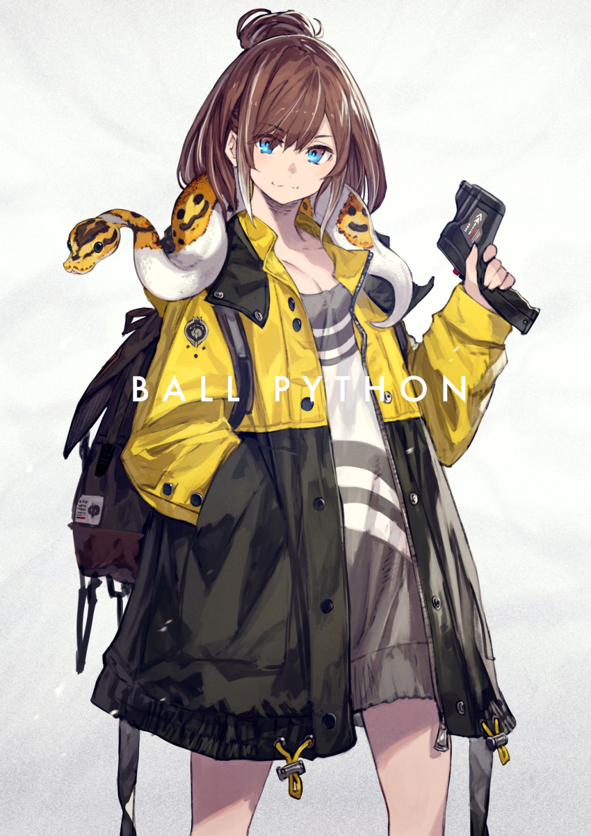 1girl absurdres backpack bag bangs blue_eyes brown_hair english_text hand_in_pocket highres jacket kusano_shinta looking_at_viewer multicolored_hair open_clothes open_jacket original short_hair smile snake solo swept_bangs two-tone_hair white_background