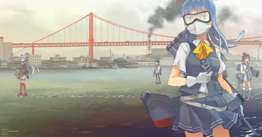 4girls adapted_turret amatsukaze_(kancolle) ascot blouse blue_hair cannon commentary_request cowboy_shot dress goggles grey_skirt hatsukaze_(kancolle) highres hime_cut kantai_collection kusakabe_(kusakabeworks) machinery mask mouth_mask multiple_girls outdoors pleated_skirt pollution sailor_dress scenery school_uniform shirt skirt smog smoke solo_focus tokitsukaze_(kancolle) turret vest water white_blouse white_shirt yellow_neckwear yukikaze_(kancolle)