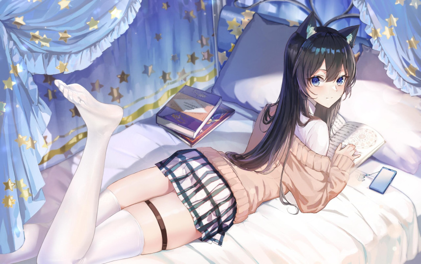1girl animal_ear_fluff animal_ears bangs bed black_hair blue_eyes book brown_sweater canopy_bed cat_ears cat_girl cat_tail cellphone commentary commission english_commentary eyebrows_visible_through_hair feet feet_up from_behind highres lims_(neko2lims) long_hair long_sleeves looking_back lying no_shoes on_bed on_stomach open_book original phone pillow plaid plaid_skirt reading shirt skirt smartphone soles solo sweater tail thigh-highs thigh_strap thighs white_legwear white_shirt white_skirt