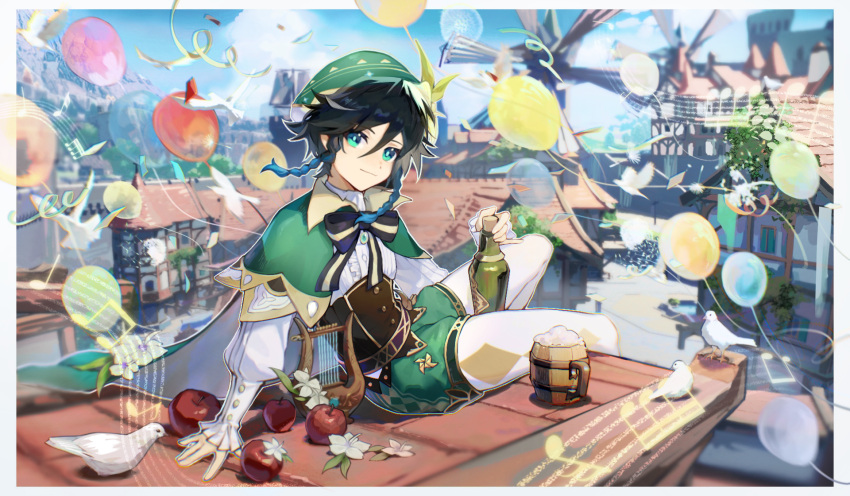 1boy apple balloon beer_mug beret bird black_hair blue_hair bottle braid building cape commentary_request confetti corset cup food fruit genshin_impact green_cape green_headwear green_shorts hair_between_eyes hat highres holding holding_bottle long_sleeves male_focus mug outdoors pantyhose shirt shorts sitting snowflake_(diodarja) solo twin_braids venti_(genshin_impact) white_pantyhose white_shirt