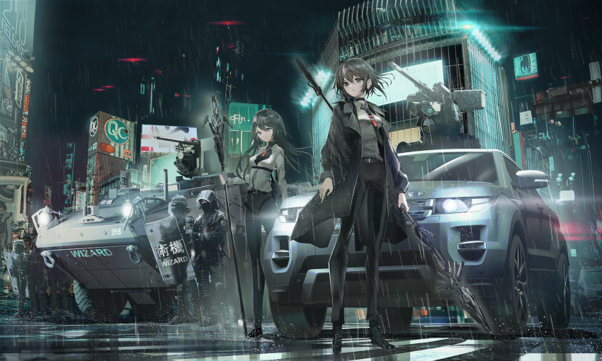 2girls 4boys armored_personnel_carrier black_eyes black_footwear black_hair black_jacket black_neckwear black_pants boots breasts building car city closed_mouth collared_shirt commentary_request english_text floating_hair grey_eyes grey_shirt ground_vehicle gun hair_behind_ear head_tilt highres holding holding_gun holding_lance holding_polearm holding_spear holding_weapon jacket lance land_rover long_hair long_sleeves looking_at_viewer medium_breasts motor_vehicle multiple_boys multiple_girls necktie night night_sky open_clothes open_jacket original outdoors pants polearm police rain riot_shield shirt short_hair sky spear standing swat swav transparent turret urban weapon