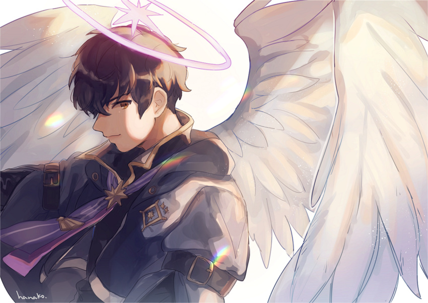 1boy angel angel_wings arm_belt bangs black_jacket brown_hair character_request closed_mouth copyright_request cravat feathered_wings gloves hair_between_eyes halo hanako151 jacket male_focus purple_neckwear short_hair smile solo striped striped_neckwear upper_body white_background white_wings wings