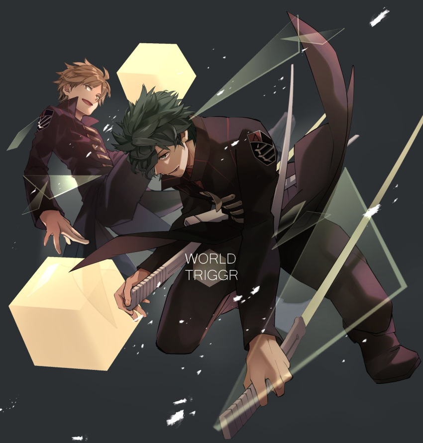 2boys bangs black_background black_coat black_eyes black_footwear black_hair black_pants brown_hair coat copyright_name cube full_body high_collar highres holding holding_sword holding_weapon izumi_kouhei long_coat male_focus morita_yuu multiple_boys open_mouth pants profile scabbard sheath shoes short_hair smile sword tachikawa_kei typo weapon world_trigger