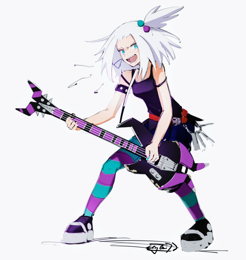 1girl armlet asymmetrical_footwear bass_guitar blue_eyes commentary english_commentary freckles hair_bobbles hair_ornament hazel0217 highres holding holding_instrument holding_plectrum instrument legs_apart long_hair older open_mouth pokemon pokemon_(game) pokemon_bw2 purple_shirt roxie_(pokemon) shirt shoes signature sketch sleeveless sleeveless_shirt smile solo standing striped striped_legwear teeth tongue white_hair