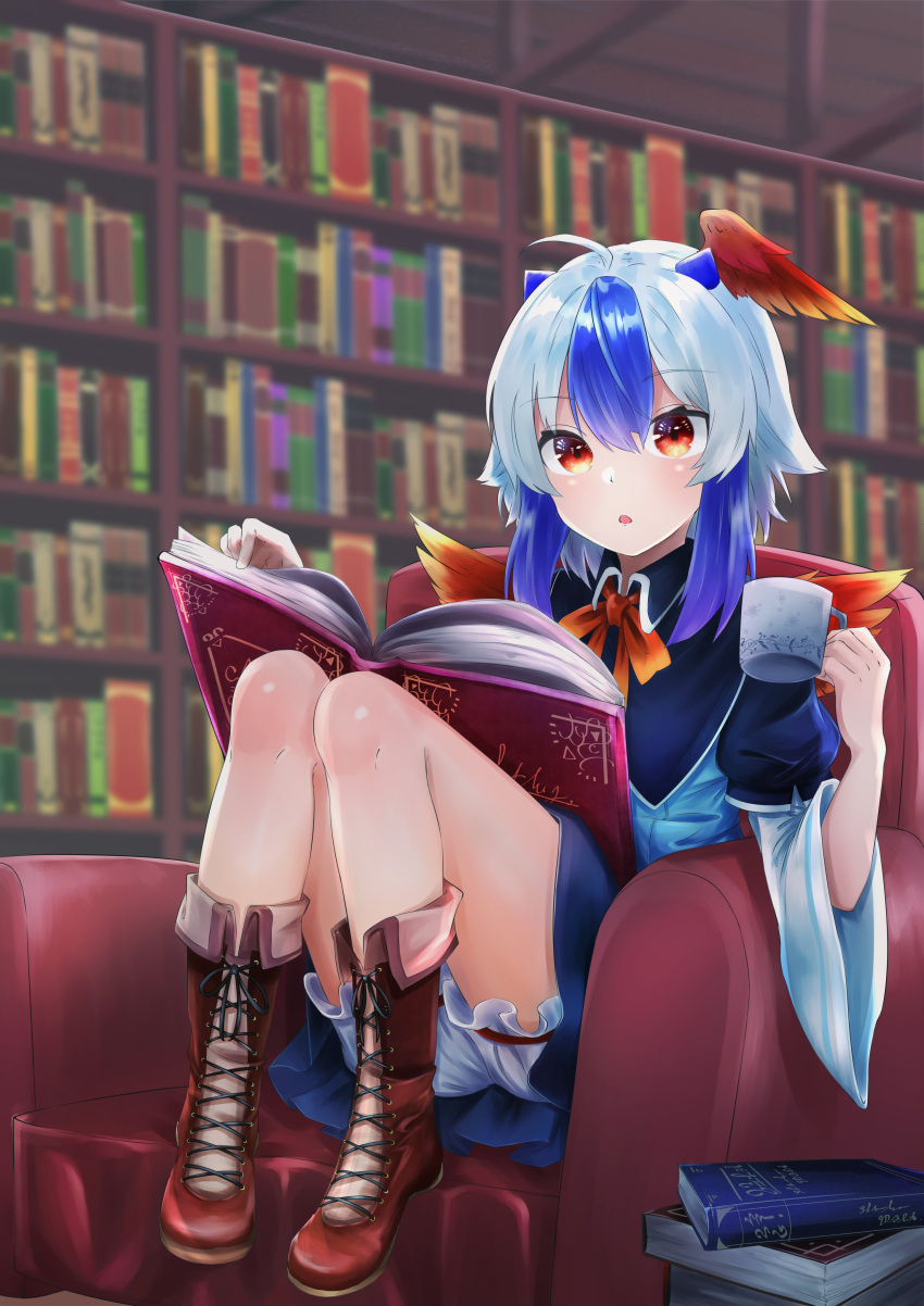 1girl :o absurdres bangs bird_wings black_dress black_skirt bloomers blue_hair book boots bowl capelet commentary_request couch dress eyebrows_visible_through_hair gunsou1350 head_wings highres holding holding_bowl horns knees_up legs library long_sleeves multicolored_hair open_mouth reading red_eyes red_ribbon red_wings ribbon short_hair silver_hair single_head_wing sitting skirt solo tokiko_(touhou) touhou two-tone_hair underwear white_hair wide_sleeves wings