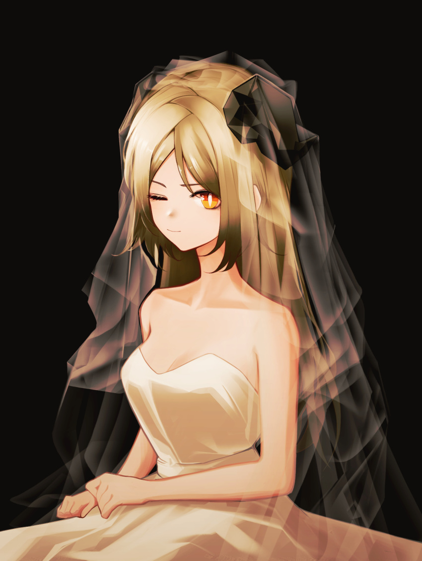 1girl arknights bare_arms bare_shoulders black_background blonde_hair bridal_veil commentary_request dress highres horns ifrit_(arknights) korean_commentary long_hair looking_at_viewer one_eye_closed orange_eyes runamonet simple_background solo strapless strapless_dress upper_body veil white_dress