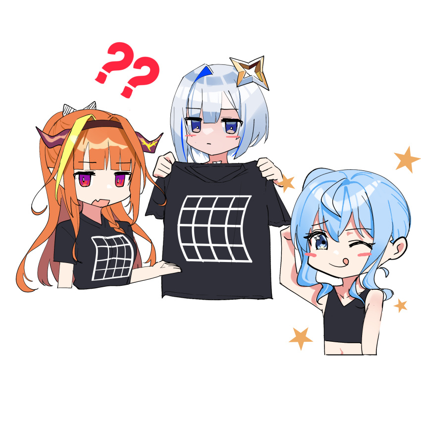 3girls :q ? ?? absurdres amane_kanata black_shirt blue_hair blush_stickers breasts chibi commentary_request fang flat_chest highres holding holding_clothes holding_shirt hololive horns hoshimachi_suisei illusion_grid_t-shirt kiryu_coco long_hair multiple_girls nonbire one_eye_closed orange_hair shirt short_hair simple_background skin_fang t-shirt tongue tongue_out white_background