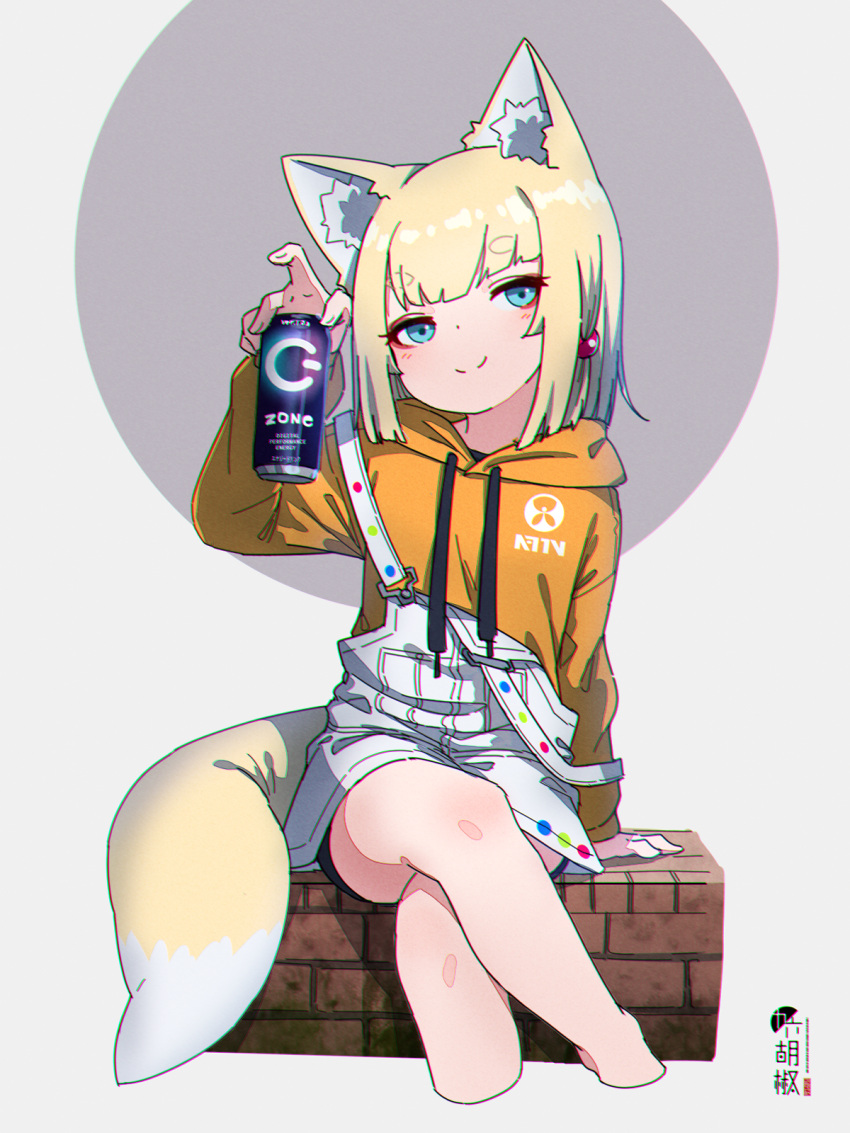 1girl animal_ear_fluff animal_ears arm_support bangs blonde_hair blue_eyes blush can closed_mouth commentary_request cropped_legs crossed_legs drawstring energy_drink eyebrows_visible_through_hair fox_ears fox_girl fox_tail grey_background hand_up highres holding holding_can hood hood_down hoodie kuro-chan_(kuro_kosyou) kuro_kosyou long_sleeves looking_at_viewer orange_hoodie original overall_skirt short_eyebrows sitting smile solo tail thick_eyebrows two-tone_background zone_(energy_drink)