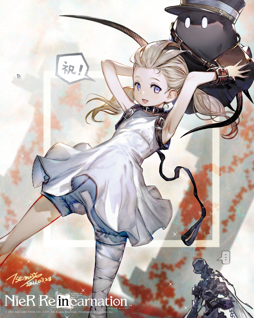 1girl absurdres arms_up artist_name bandaged_leg bandages bangs_pinned_back black_collar blonde_hair bloomers collar copyright_name cuffs dress floating_hair highres long_hair nanase_miri nier_(series) nier_reincarnation official_art open_mouth signature sleeveless sleeveless_dress solo stairs twintails underwear violet_eyes watermark white_dress