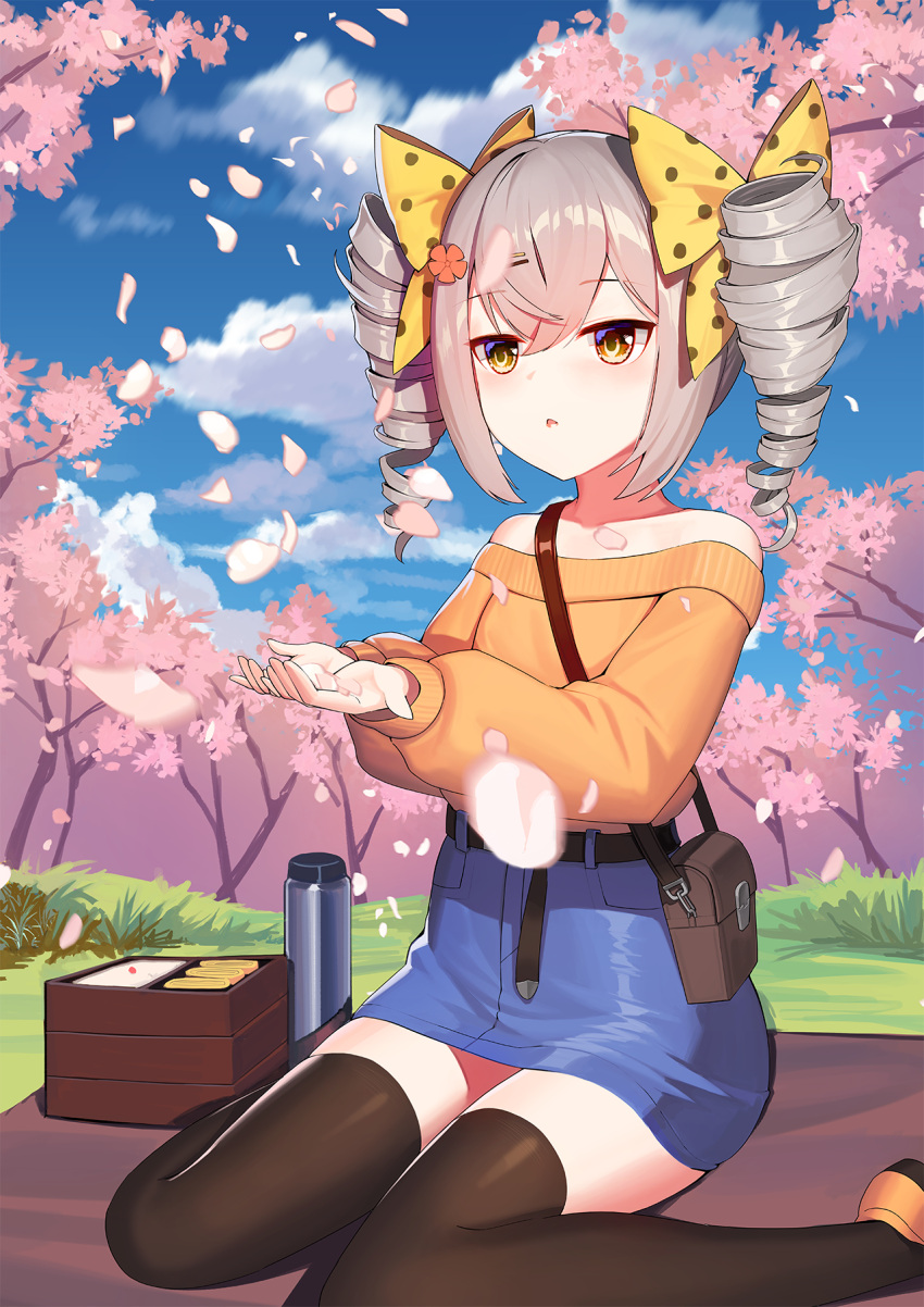 1girl :o bag bangs bare_shoulders black_legwear blue_skirt blue_sky bow bronya_zaychik brown_eyes brown_footwear brown_sweater clouds cloudy_sky collarbone commentary_request day drill_hair eyebrows_visible_through_hair flower grey_hair hair_between_eyes hair_bow hair_flower hair_ornament hanami highres honkai_(series) honkai_impact_3rd long_sleeves obentou off-shoulder_sweater off_shoulder outdoors parted_lips petals pink_flower polka_dot polka_dot_bow puffy_long_sleeves puffy_sleeves red_flower shoes shoulder_bag sidelocks sitting skirt sky sleeves_past_wrists solo sweater thermos thigh-highs tree twin_drills twintails unidentified_nk wariza yellow_bow