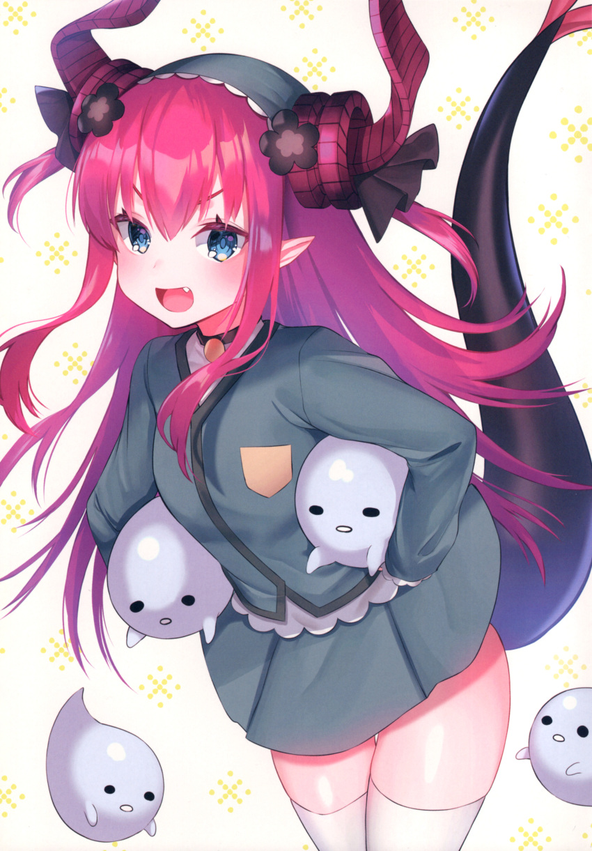 1girl absurdres alternate_costume blue_eyes blush breasts curled_horns detached_sleeves dragon_horns elizabeth_bathory_(fate) elizabeth_bathory_(fate)_(all) eyebrows_visible_through_hair fang fate/extra fate/extra_ccc fate/grand_order fate_(series) hair_between_eyes hair_ribbon happy highres horns long_hair long_sleeves looking_at_viewer pink_hair pleated_skirt pointy_ears purple_ribbon ribbon scan school_uniform skindentation skirt small_breasts smile solo suzuho_hotaru tail tail_raised thigh-highs two_side_up white_legwear white_sleeves