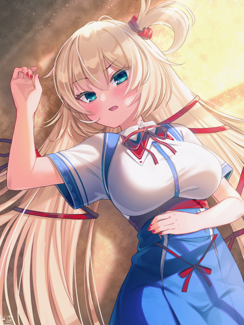 1girl akai_haato aqua_eyes arm_up blonde_hair blue_skirt blush breasts collared_shirt commentary_request dress_shirt eyebrows_visible_through_hair fingernails hair_ornament hair_ribbon hand_on_own_stomach heart heart_hair_ornament high-waist_skirt highres hololive large_breasts long_hair looking_at_viewer lying magowasabi midriff nail_polish navel neck_ribbon on_back one_side_up open_mouth page_tear red_nails red_neckwear red_ribbon revealing_layer ribbon shirt signature skirt solo twintails twitter_username very_long_hair virtual_youtuber white_shirt