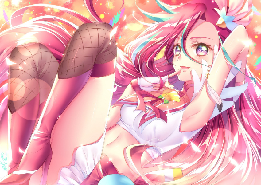 aqua_hair arm_up armpits commentary crop_top cure_flamingo earrings feather_earrings feathers fingerless_gloves fishnets gloves high_heels highres jewelry long_hair looking_at_viewer lying magical_girl midriff multicolored_hair navel open_mouth precure red_background redhead smile thighs touki_matsuri tropical-rouge!_precure two-tone_hair very_long_hair violet_eyes white_gloves