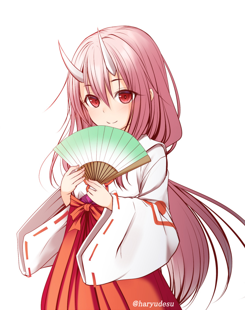 1girl bangs commentary_request eyebrows_visible_through_hair fan folding_fan hair_between_eyes hakama haryuu_(poetto) highres holding holding_fan horns japanese_clothes kimono long_hair long_sleeves looking_at_viewer low-tied_long_hair miko oni oni_horns pink_hair red_eyes red_hakama ribbon-trimmed_sleeves ribbon_trim shuna_(tensei_shitara_slime_datta_ken) solo tensei_shitara_slime_datta_ken twitter_username very_long_hair white_kimono wide_sleeves