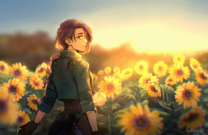 1girl armor artist_name back belt birthday black_gloves black_shirt closed_mouth collared_jacket commentary day english_commentary field fire_emblem fire_emblem:_three_houses floating_hair flower flower_field gloves green_belt green_jacket hair_between_eyes highres jacket leaf lips long_sleeves looking_at_viewer outdoors purple_hair sethkiel shamir_nevrand shirt short_hair shoulder_armor signature sky solo sun sunflower sunlight sunset violet_eyes yellow_flower