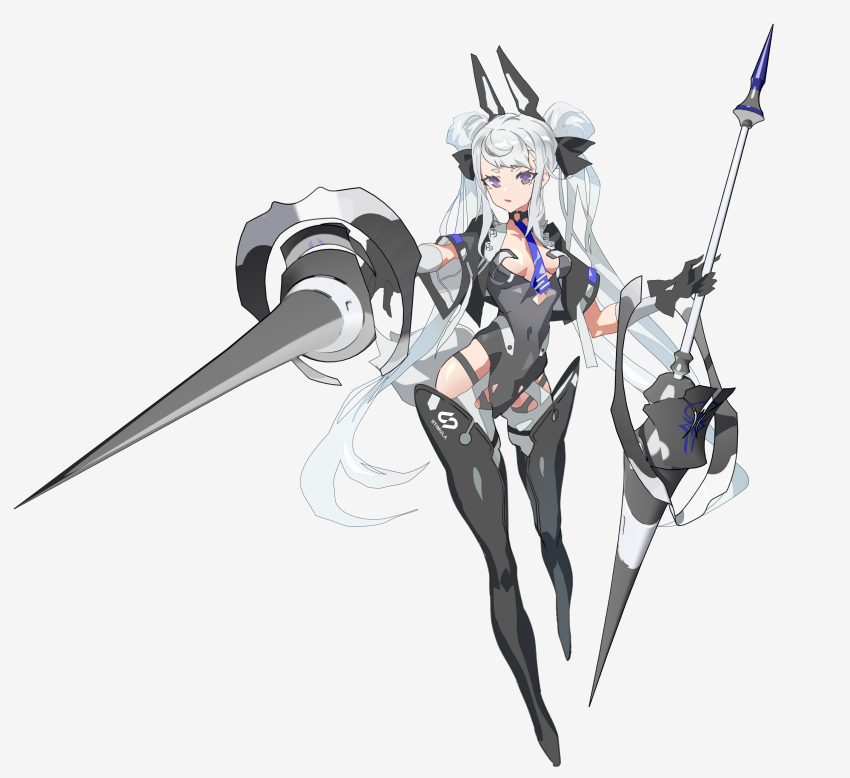 1girl absurdres black_gloves breasts cancell cropped_jacket dual_wielding gloves grey_leotard headgear highres holding leotard long_hair looking_at_viewer necktie original science_fiction short_sleeves small_breasts solo thigh-highs violet_eyes white_background white_hair wide_sleeves