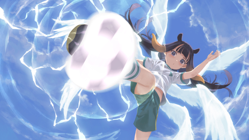 1girl ball bangs blue_sky blunt_bangs commentary_request electricity glowing hololive hololive_english inazuma_eleven inazuma_eleven_(series) kicking laing long_hair mole mole_under_eye multiple_wings ninomae_ina'nis purple_hair seraph shorts sky soccer_ball soccer_uniform solo sportswear telstar tentacle_hair violet_eyes virtual_youtuber white_wings wings