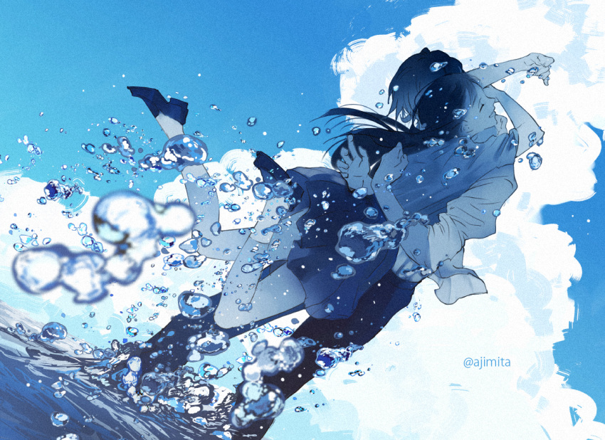 1boy 1girl ajimita ankle_socks arms_around_neck black_hair blue_theme closed_eyes clouds dutch_angle hug jumping long_hair original school_uniform short_hair skirt sky smile splashing twitter_username wading water water_drop