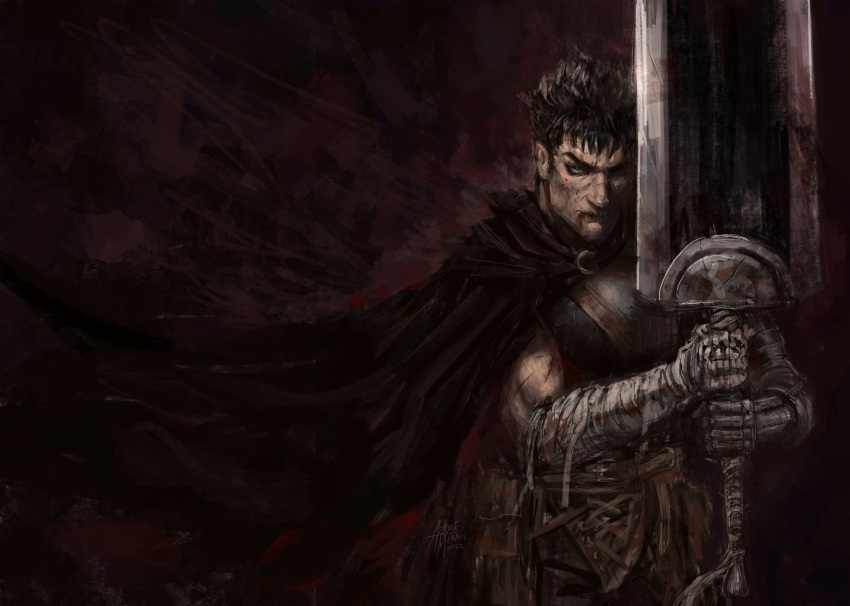 1boy azure_meraki bandaged_arm bandages berserk black_cape black_eyes black_hair cape closed_mouth dragonslayer_(sword) fighting_stance guts_(berserk) highres holding holding_sword holding_weapon looking_at_viewer making-of_available male_focus negative_space prosthesis prosthetic_arm solo sword weapon