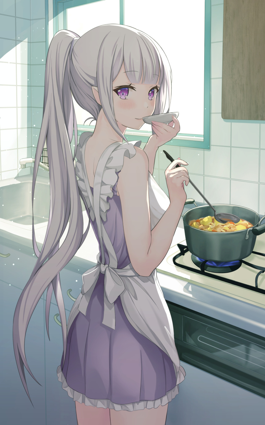 1girl absurdres alternate_costume apron bangs bare_shoulders blunt_bangs blush closed_mouth cooking cowboy_shot dress echiru39 elf emilia_(re:zero) eyebrows_visible_through_hair frilled_apron frilled_dress frills from_behind highres indoors kitchen ladle long_hair looking_at_viewer looking_back pointy_ears ponytail pot purple_dress re:zero_kara_hajimeru_isekai_seikatsu sink sleeveless sleeveless_dress smile solo steam tasting very_long_hair violet_eyes white_apron