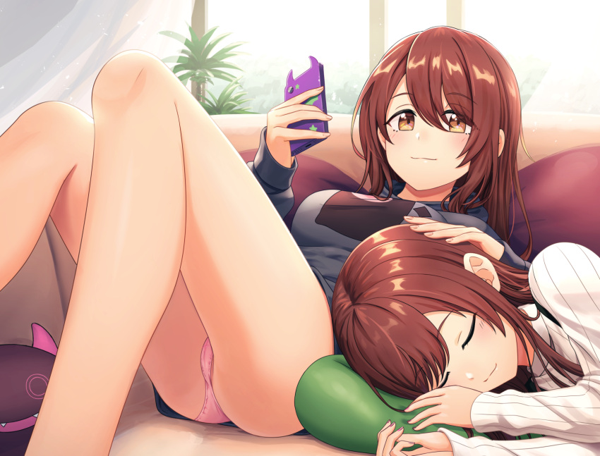 2girls ass bangs black_shirt brown_eyes brown_hair cellphone closed_mouth commentary_request couch eyebrows_visible_through_hair hand_on_another's_head head_on_pillow highres holding holding_phone idolmaster idolmaster_shiny_colors indoors kurageso medium_hair multiple_girls oosaki_amana oosaki_tenka panties pantyshot phone pillow pink_panties plant potted_plant ribbed_sweater shirt siblings sidelocks sisters sitting sleeping smartphone smile sweater thighs twins underwear white_sweater window