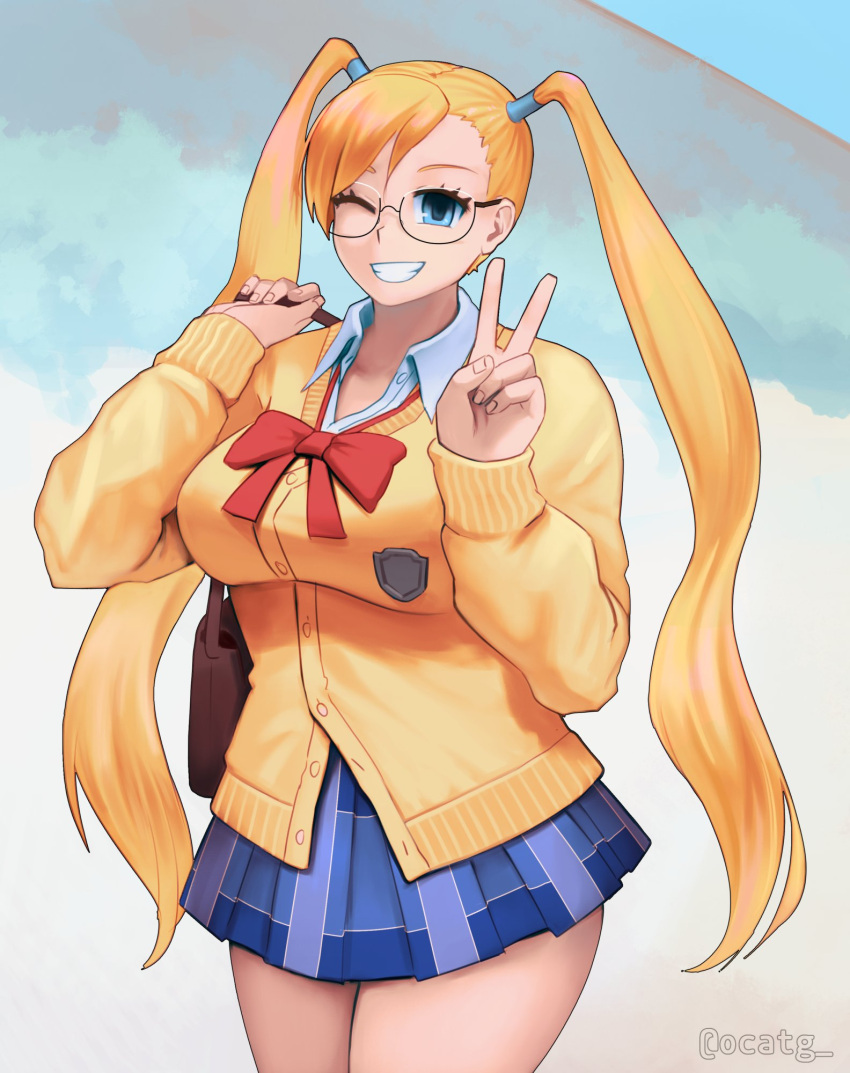 1girl ;d asymmetrical_bangs bangs bare_legs bespectacled black-framed_eyewear blonde_hair blue_eyes blue_skirt bow breasts cardigan cosplay crest fingernails galko galko_(cosplay) glasses highres large_breasts legs_together long_hair looking_at_viewer ocatg one_eye_closed open_mouth oshiete!_galko-chan partially_unbuttoned plaid plaid_skirt rainbow_mika red_bow red_neckwear school_briefcase semi-rimless_eyewear skirt smile solo standing street_fighter thighs twintails twitter_username under-rim_eyewear v very_long_hair yellow_cardigan