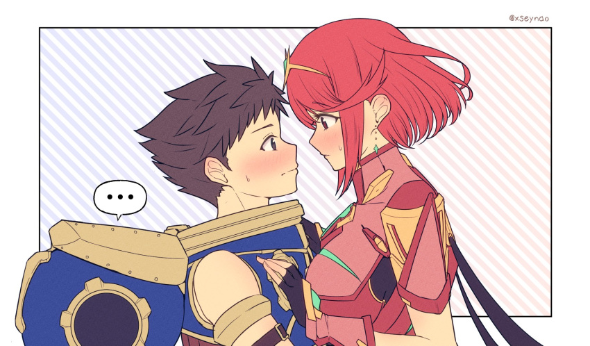 1boy 1girl azurda_(xenoblade) bangs blush brown_hair couple earrings eye_contact fingerless_gloves gem gloves hair_ornament headpiece height_difference highres imminent_kiss jewelry looking_at_another mochimochi_(xseynao) pyra_(xenoblade) red_eyes redhead rex_(xenoblade) short_hair simple_background size_difference spiky_hair swept_bangs tiara xenoblade_chronicles xenoblade_chronicles_(series) xenoblade_chronicles_2