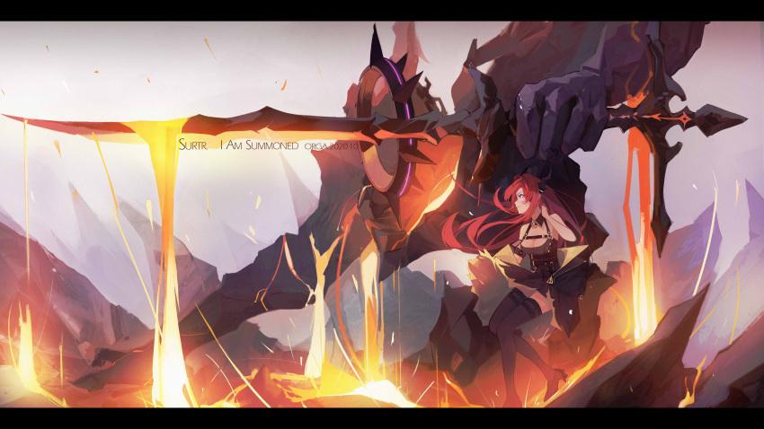 1girl absurdres arknights demon demon_girl demon_horns dress highres holding holding_weapon horns looking_ahead molten_rock orga_(orgacl) solo surtr_(arknights) sword weapon