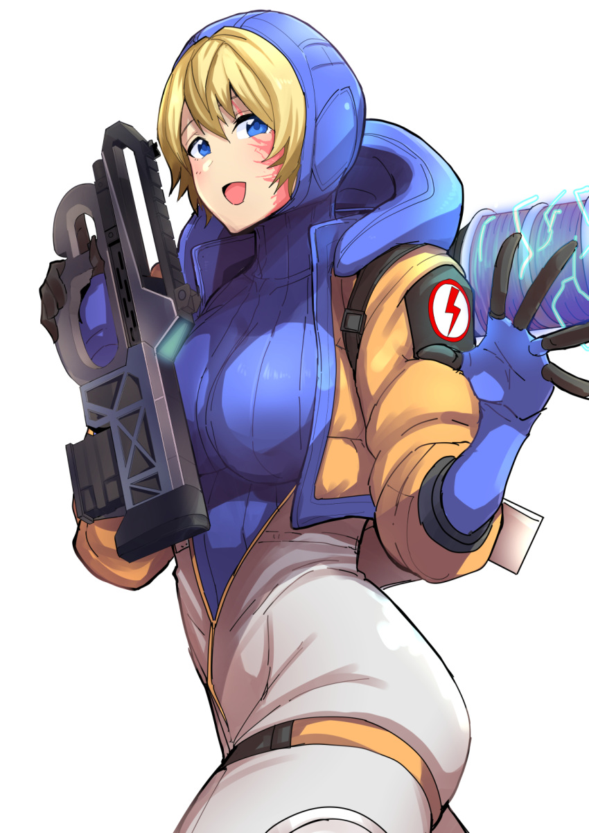 1girl apex_legends bangs blonde_hair blue_bodysuit blue_eyes blue_gloves blue_headwear bodysuit breasts clash_kuro_neko eyebrows_visible_through_hair gloves gun highres holding holding_gun holding_weapon hood hooded_jacket jacket looking_at_viewer medium_breasts open_mouth orange_jacket prowler_smg scar scar_on_cheek scar_on_face smile solo submachine_gun trigger_discipline wattson_(apex_legends) weapon white_bodysuit