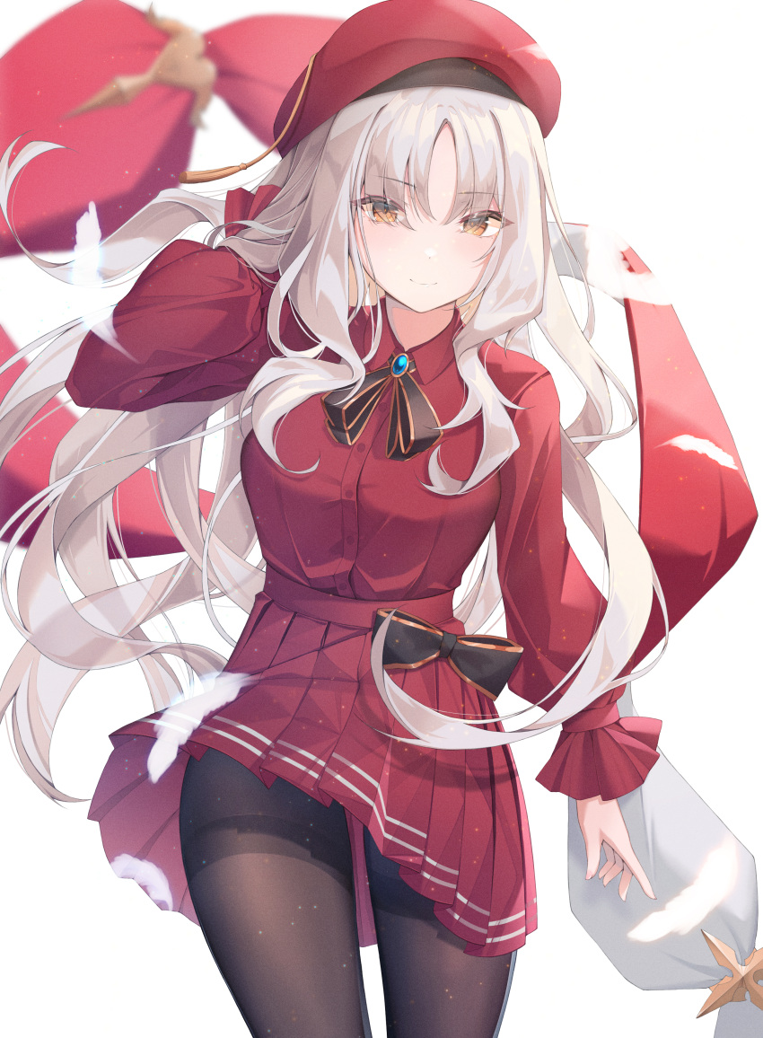 1girl absurdres bangs beret black_legwear breasts brooch caren_hortensia caren_hortensia_(amor_caren) dress fate/grand_order fate_(series) feathers hat highres infinity_(kkx132) jewelry large_breasts long_hair long_sleeves looking_at_viewer neck_ribbon pantyhose red_dress red_headwear ribbon shawl smile thighs wavy_hair white_hair yellow_eyes
