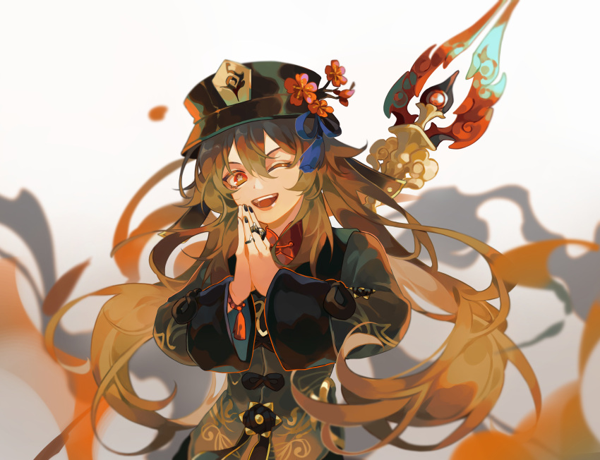 1girl absurdres bangs black_headwear black_nails bracelet brown_hair flower flower-shaped_pupils genshin_impact hands_together hat hat_flower hayashikana highres hu_tao jewelry long_hair long_sleeves looking_at_viewer nail_polish one_eye_closed open_mouth polearm red_eyes red_flower ring simple_background smile solo spear symbol-shaped_pupils tassel tree_branch twintails very_long_hair weapon weapon_on_back white_background wide_sleeves