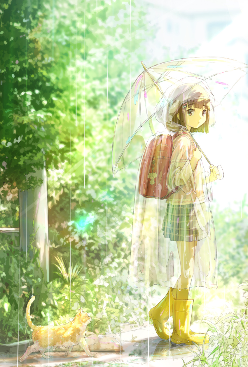 1girl :o absurdres backpack bag boots brown_eyes brown_hair cat child forest green_background highres hood legs looking_at_viewer looking_to_the_side nature original outdoors parasol pink_shirt plaid plaid_skirt plant pleated_skirt rain raincoat randoseru shirt short_hair skirt solo standing student thighs tree umbrella widea7 yellow_footwear